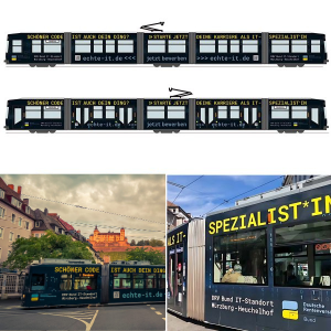 Tram mit Schriftzug "Schöner Code ist auch dein Ding?" in Würzburg